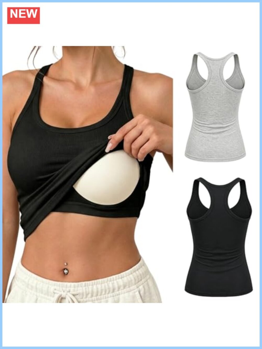 Ribbed Tank Top Built in Bra Sleeveless Yoga Workout Racerback